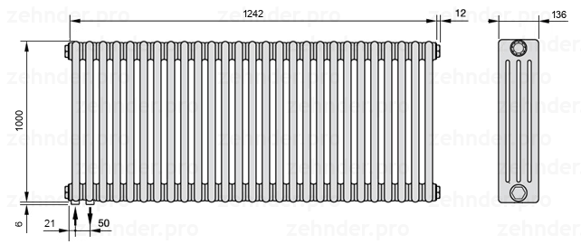 Схема (чертеж) Радиатор Zehnder Charleston 4100/27 №3370 Белый глянцевый RAL 9016